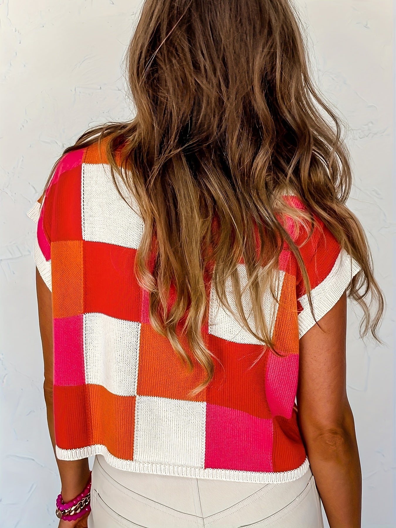 Grapefruit Orange Color Block Cap Sleeve Sweater