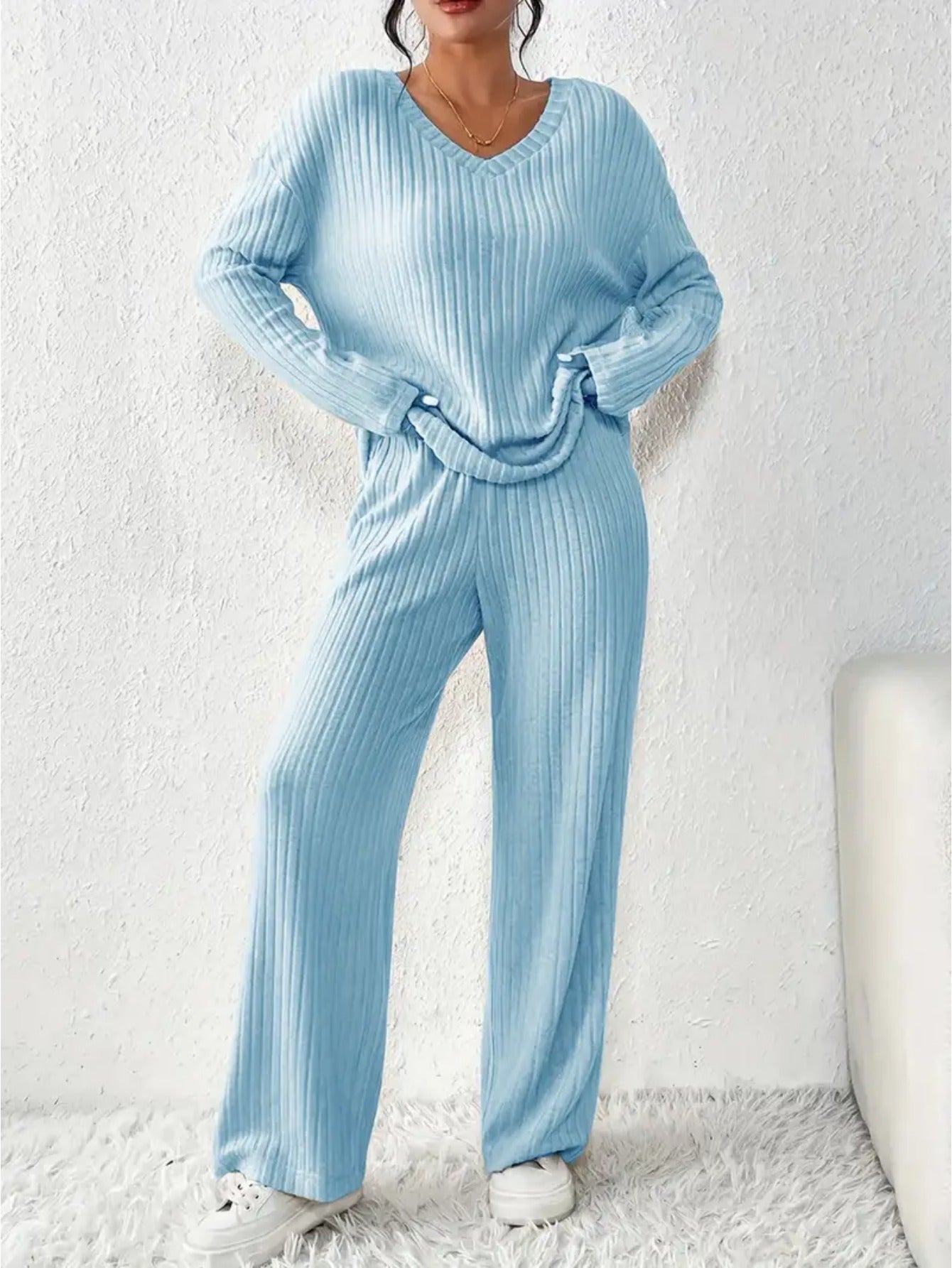 Spring, Autumn and Winter Loose Ribbed Straight Pants Suit