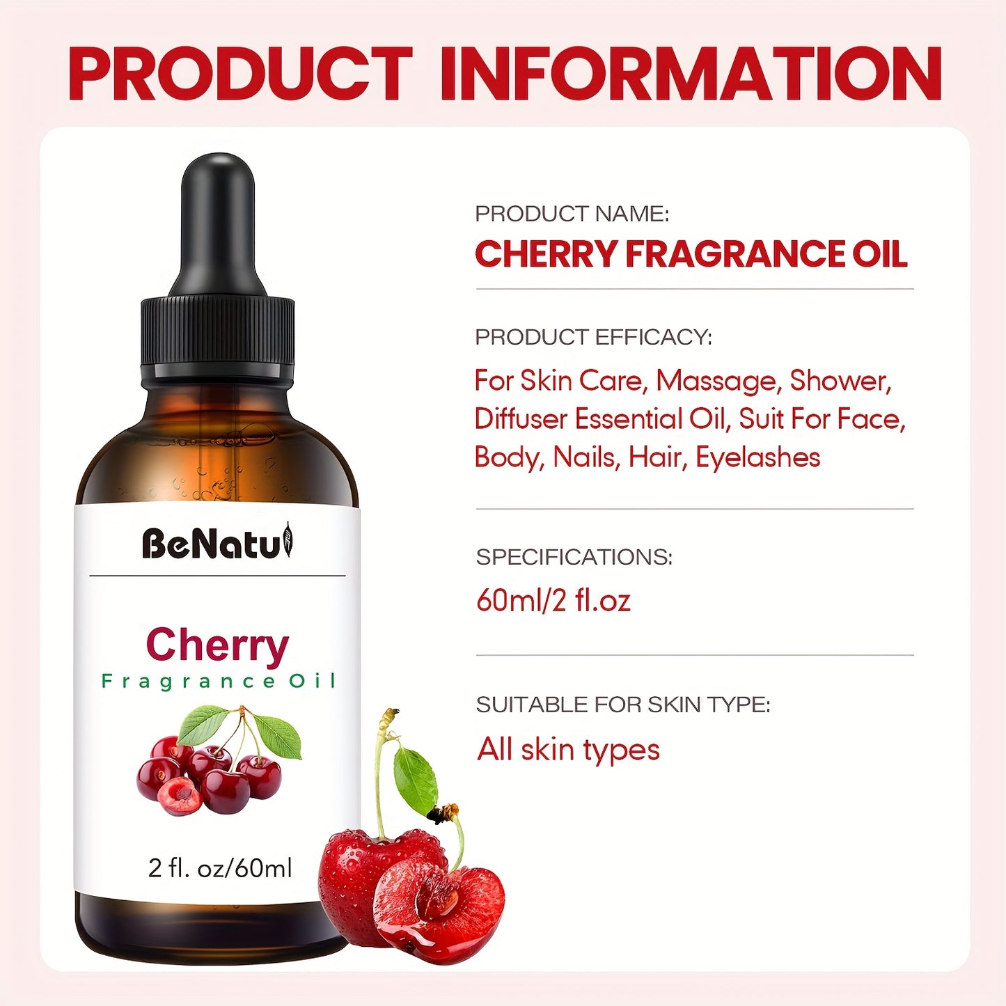 2.03 Ounce Cherry Fragrance Essential Oil Fruit Scent High End Essential Oil Lasting Aroma Suitable for Diffuser Humidifier Soap and Candle Making