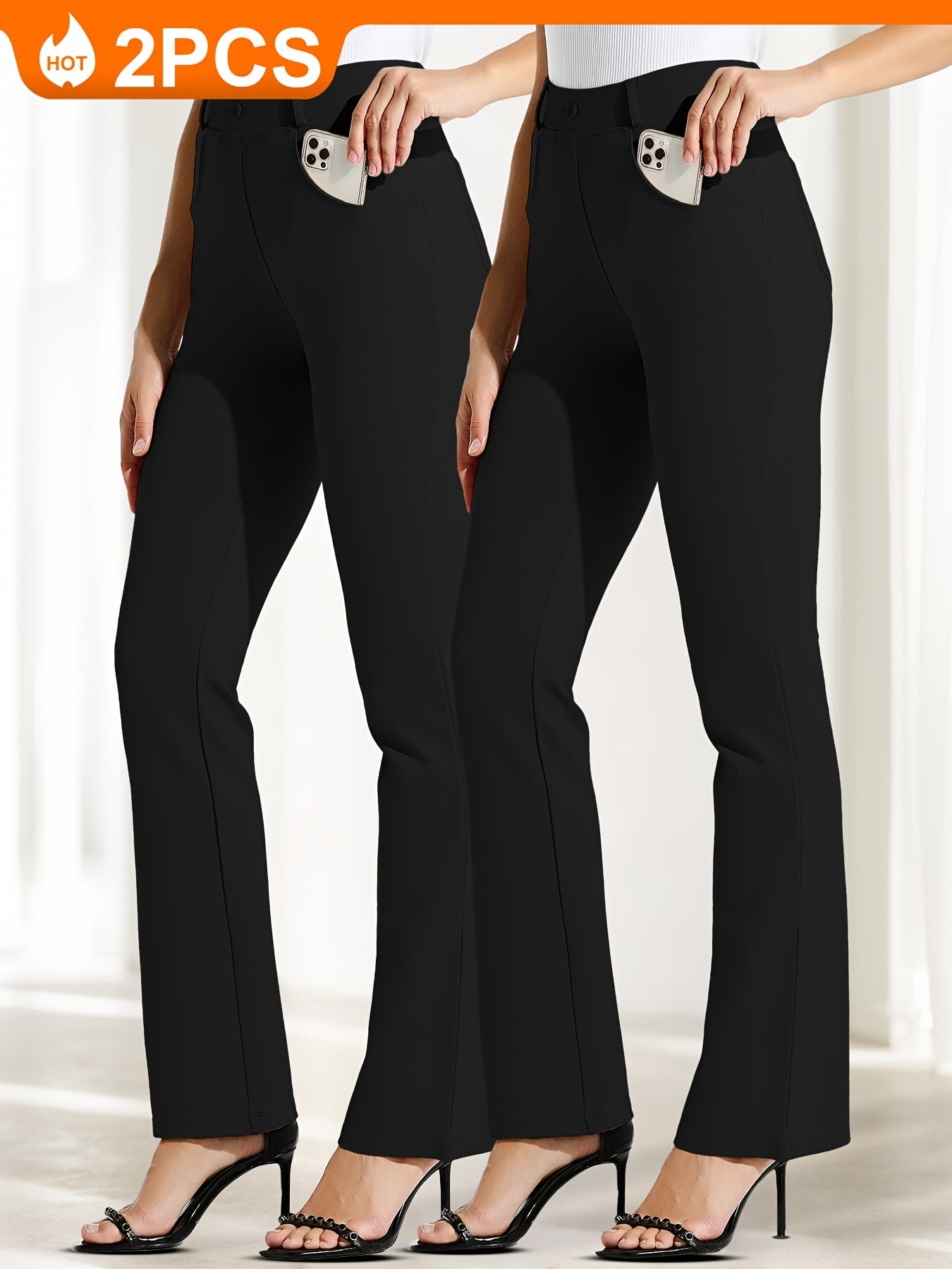 2pcs Yoga Dress Pants With 4 Pockets For Women Wide Leg Pants High Waist Workout Pants Tummy Control