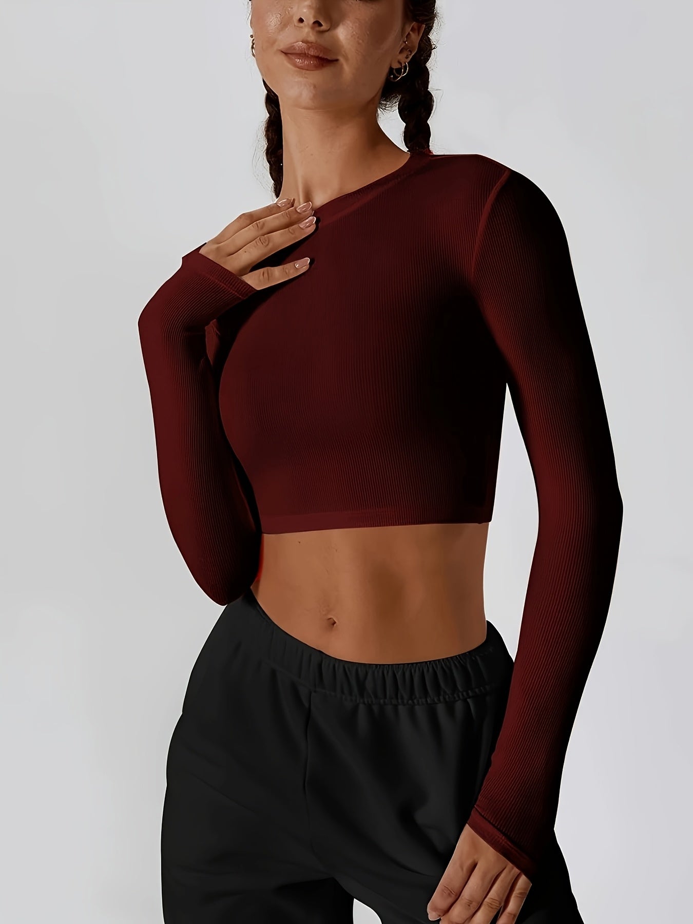 Womens Long Sleeve Shirts Ribbed Crop Tops