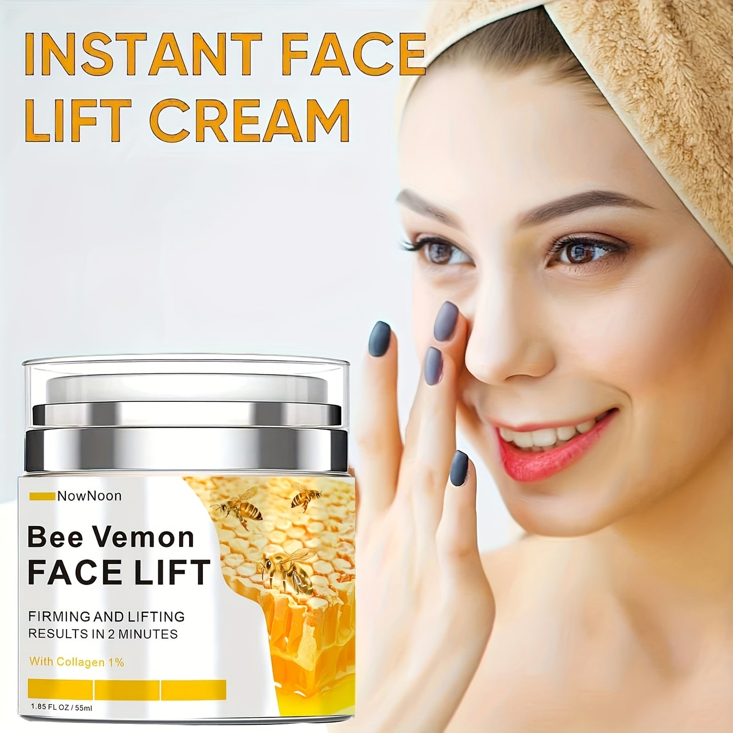 NowNoon Bee Venom Instant Facial Lifting Cream 1.85 Fl Oz Tightens and Lifts Smooths Fine Lines and Wrinkles Moisturizes Alcohol Free Hydroxy Acid Formula Suitable for All Skin Types