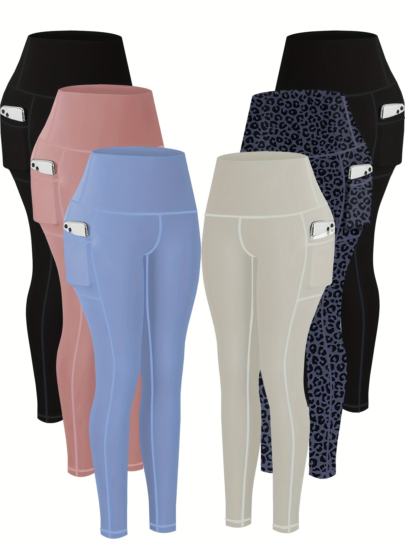 6pcs Plus Size High-Waist Yoga Leggings with Pockets - Tummy Control, Butt Lift