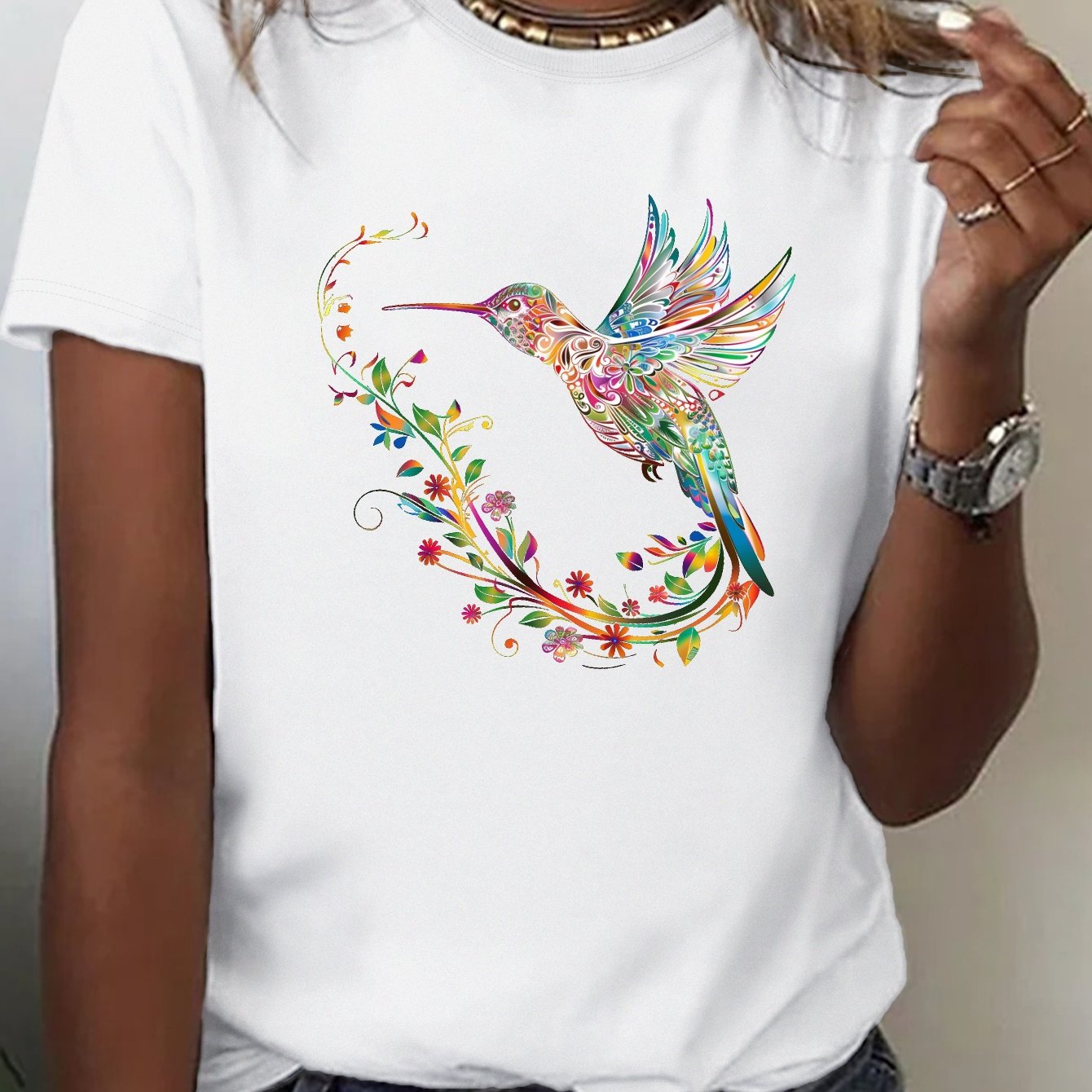 Women Hummingbird Print Crew Neck Short Sleeve T-shirt