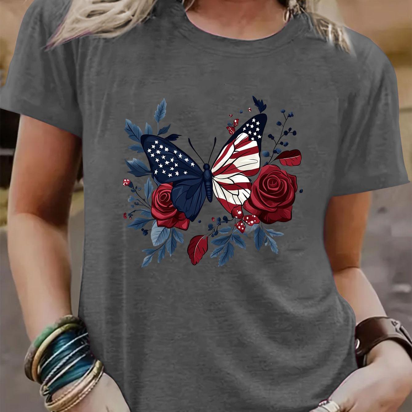 Womens Crew Neck Fashionable Heart Print T-Shirt - Casual Top