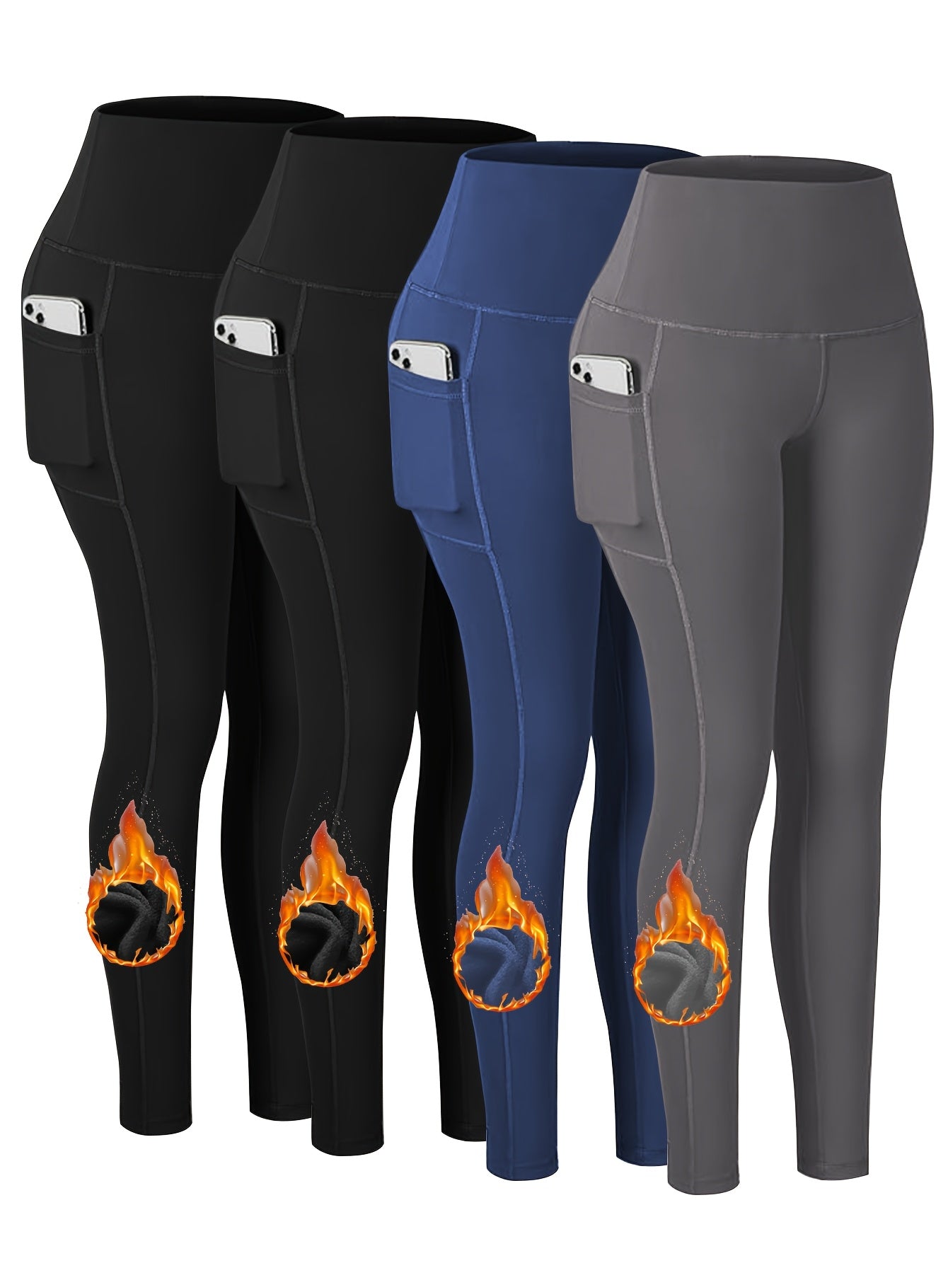 Plus Size 4pcs Set Sports Leggings, Thickened Yoga Pants With Fleece For Running,