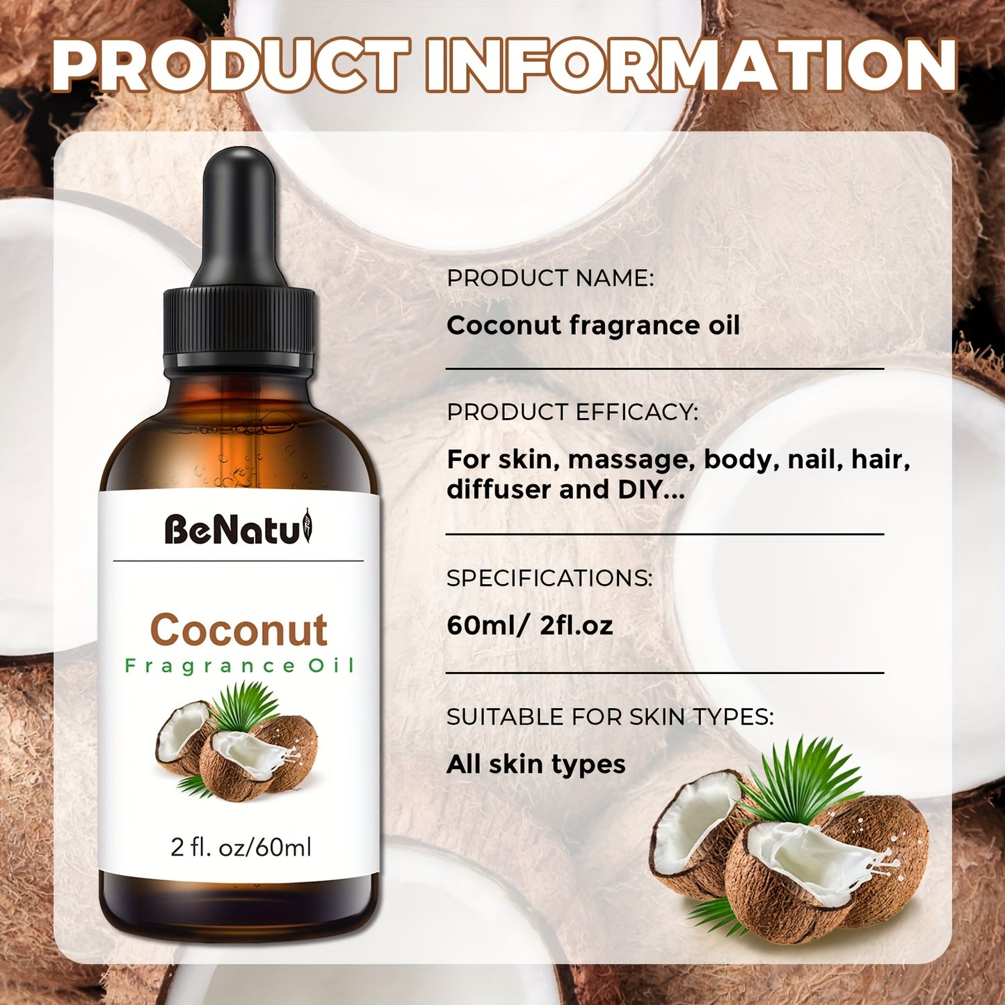 60ML Coconut Essential Oil Body Oil for Humidifier Diffuser Scented Candle Body Massage Hair Moisturizing Holiday Gift