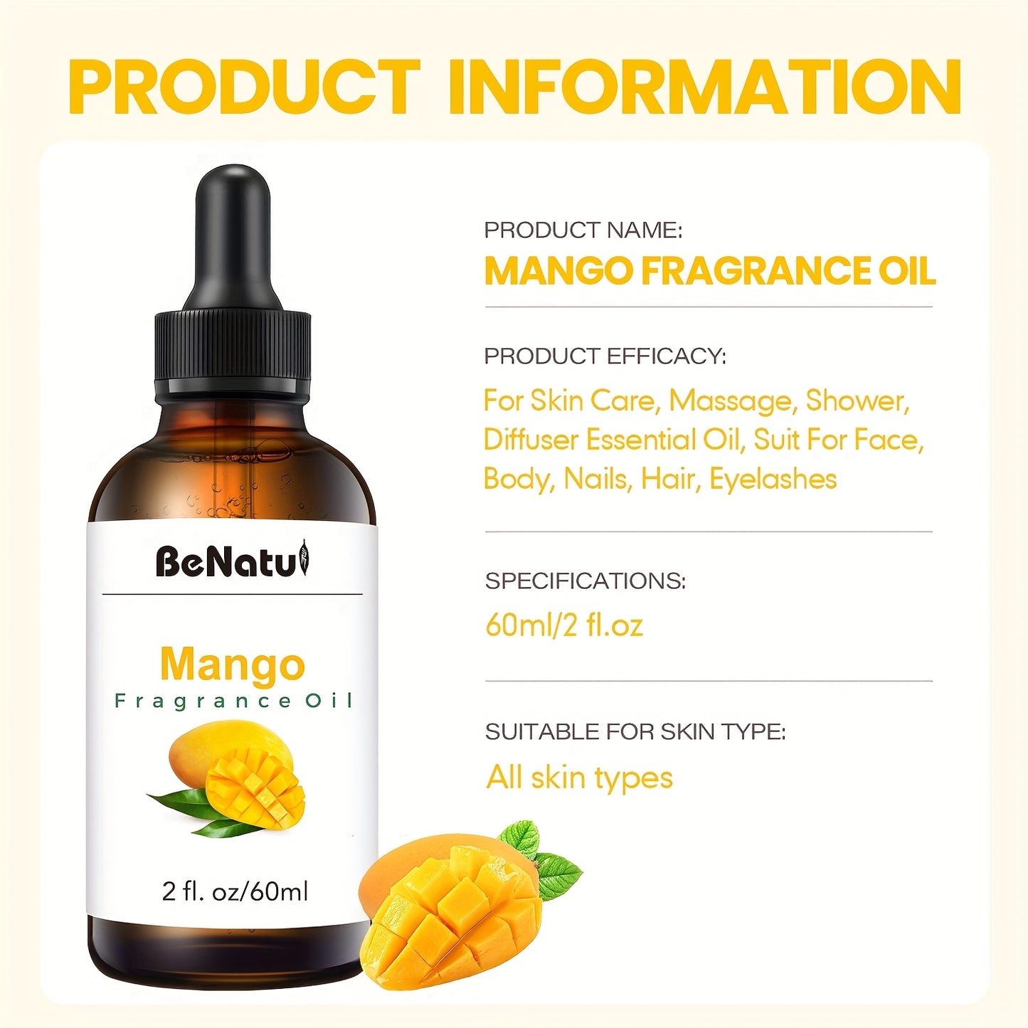 2.03 Ounce Mango Fragrance Essential Oil High End Fruit Essential Oil Lasting Aroma Suitable for Diffuser Humidifier Air Purifier Oil Burner Candle Making