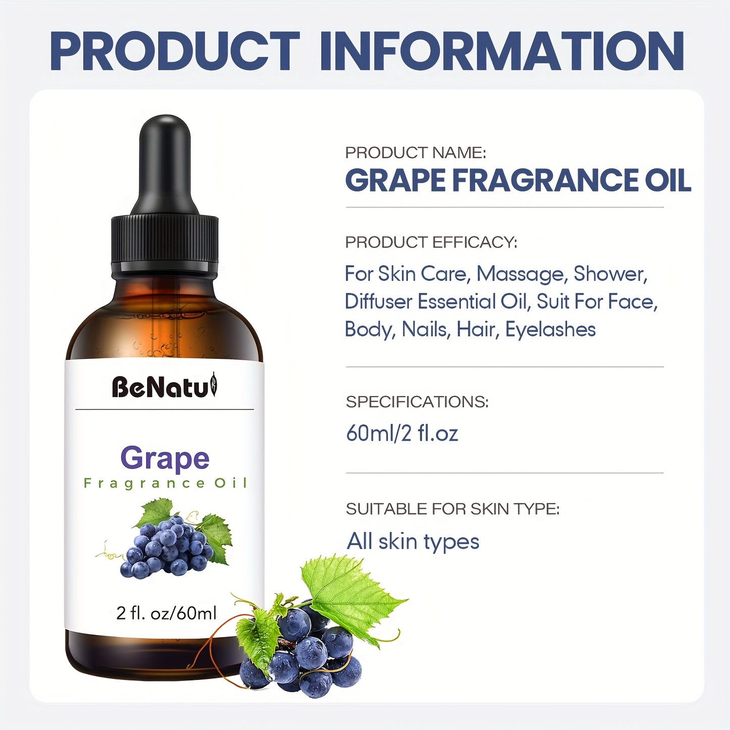 2.03 Ounce Grape Fragrance Essential Oil Premium Fruit Scent for Diffusers Humidifiers Candle Making and Sachet Bags Long Lasting Aromatherapy Oil with Dark Amber Glass Bottle and Dropper Cap