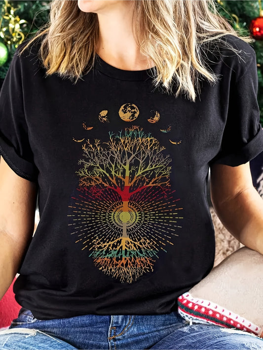 One Piece of Tree of Life and Moon Print Short Sleeve T-Shirt