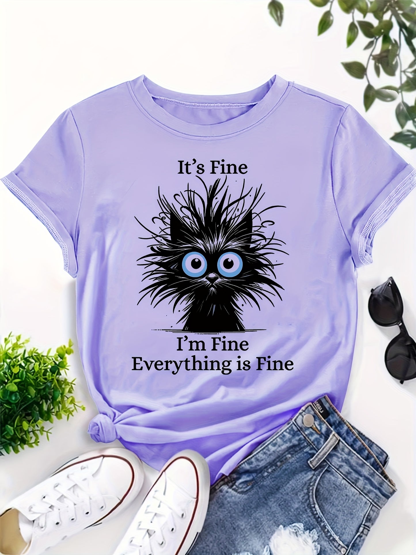 Whimsical "It's Fine I'm Fine Everything Is Fine" Women's Cat Graphic T-Shirt - Light Blue Casual Round Neck Short Sleeve, 100% Machine Washable Relaxed Fit Tee with Sarcastic Humor & Fluffy Black Cat Design, Everyday Clothin