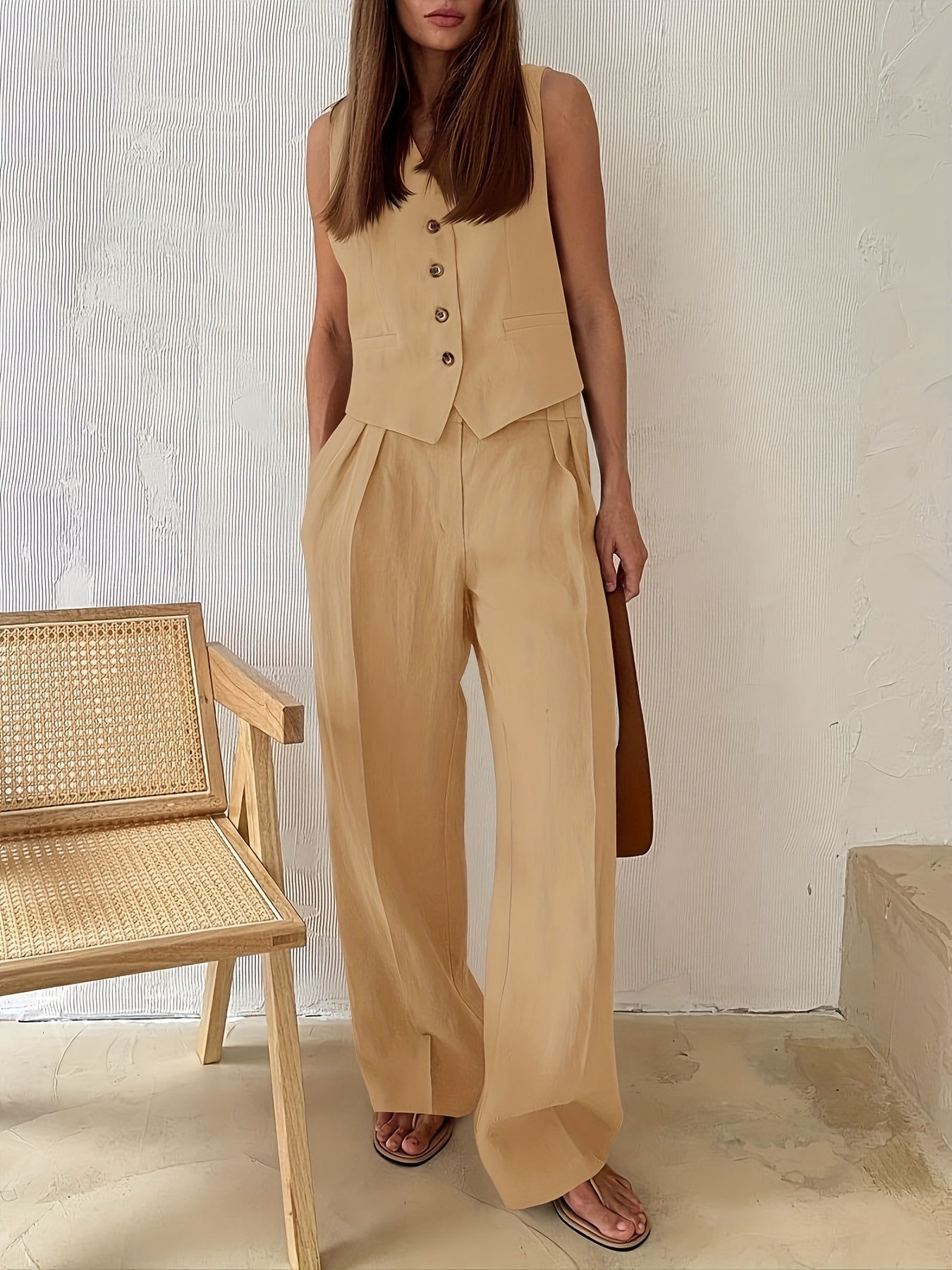 Women's 2pcs V-neck Cropped Vest Blazer and Wide Leg Suit Pants Set