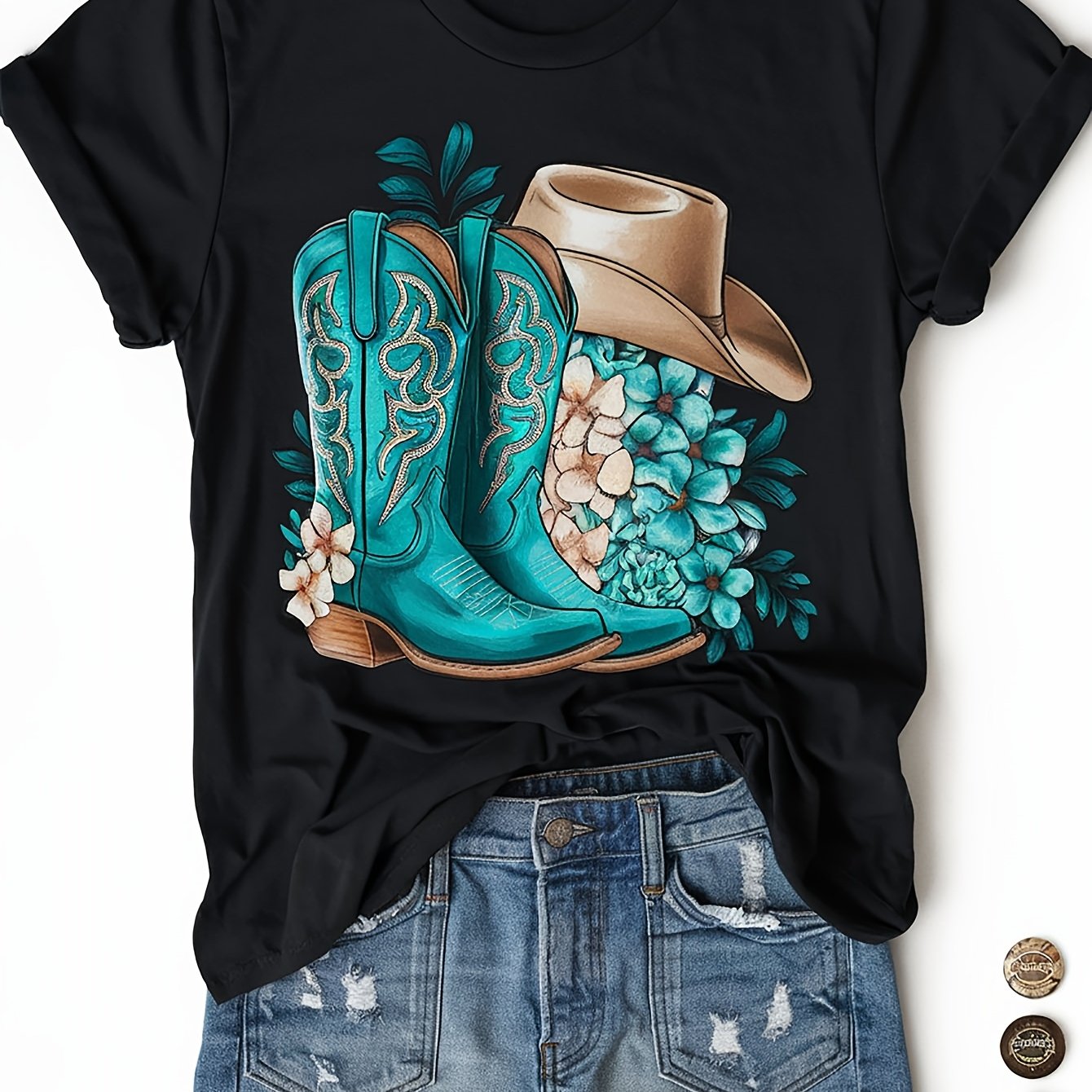 New Arrival Spring Summer Women's Comfortable Pattern Print Black Washed T-Shirt Loose Round Neck Short Sleeve