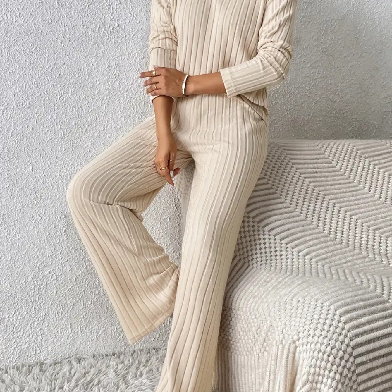 Spring, Autumn and Winter Loose Ribbed Straight Pants Suit