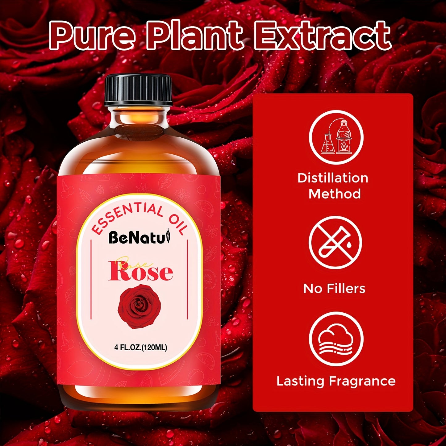 Benatu 4.06 Ounce Rose Essential Oil Upgraded Packaging Romantic Rose Fragrance Holiday Gift Recommendation Best Valentine's Day Gift Local Warehouse Essential Oil Bedroom Humidifier Mother's Day Special Offer