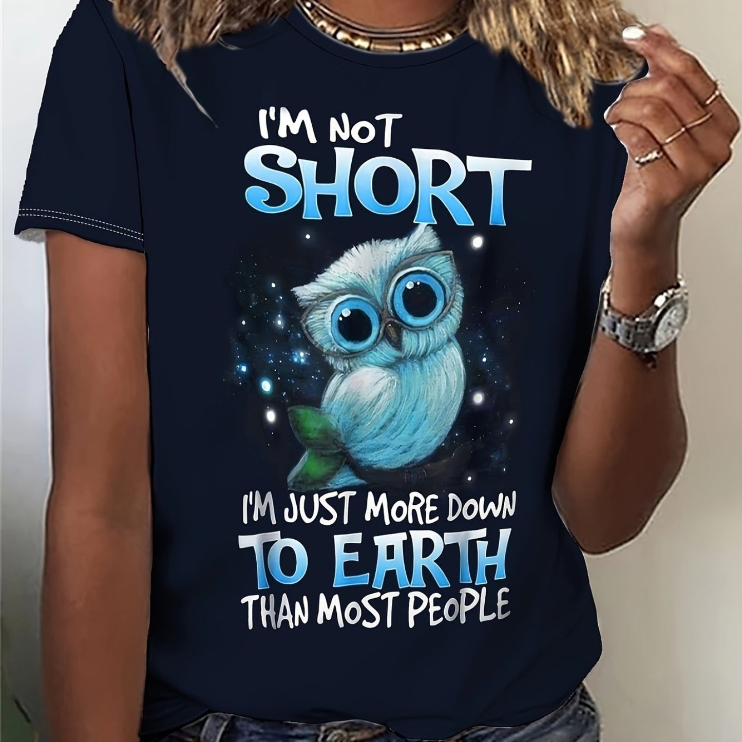 Funny Owl Graphic Tee for Women - "I'm Not Short" Quote, Casual Round Neck Short Sleeve, Machine Washable, Ideal for Spring/Summer/Fall, Casual Wear|Playful Design|Durable Comfort