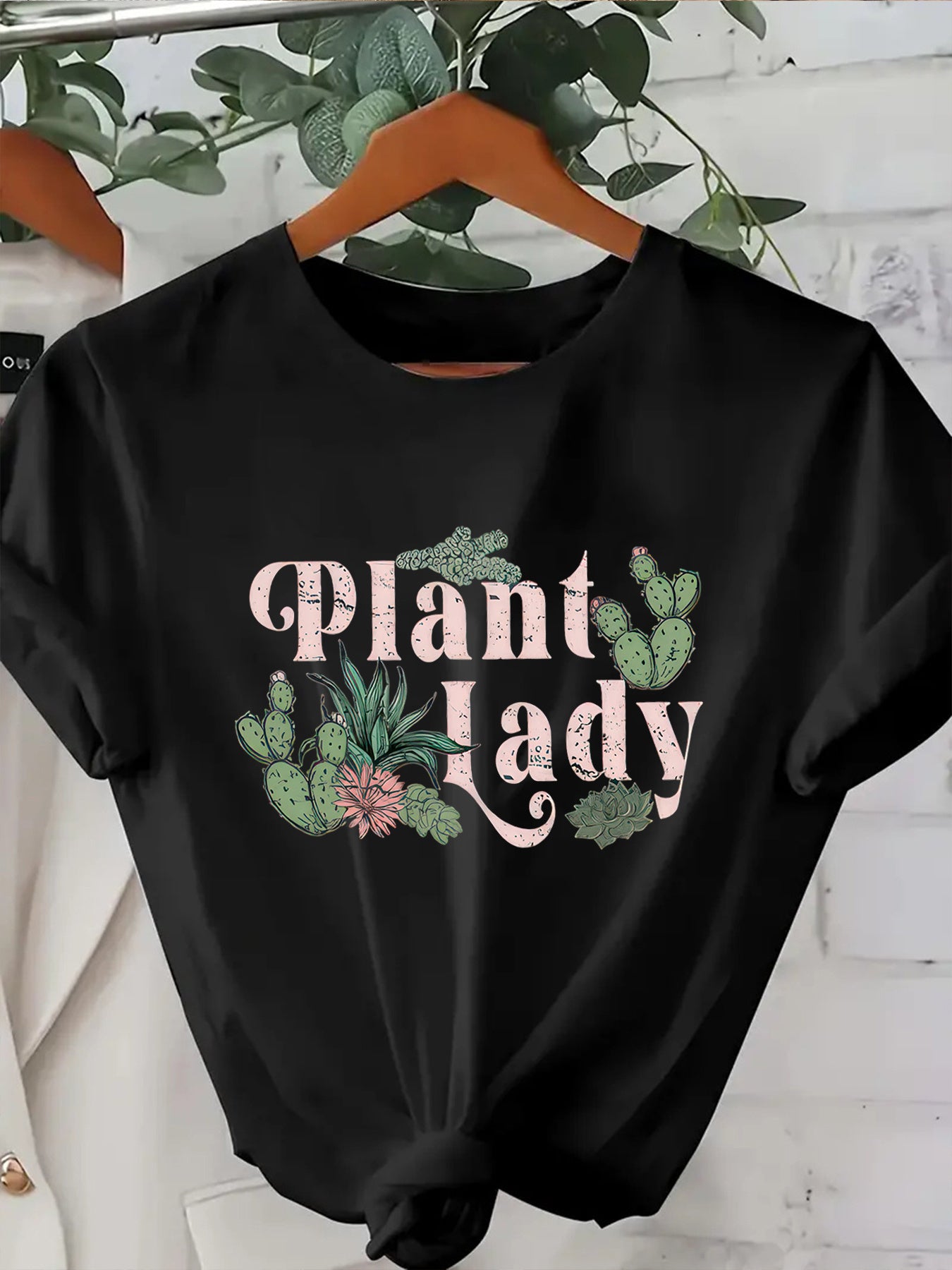 1pc Women's Plant Lady Applique T-Shirt Casual Crew Neck Tee