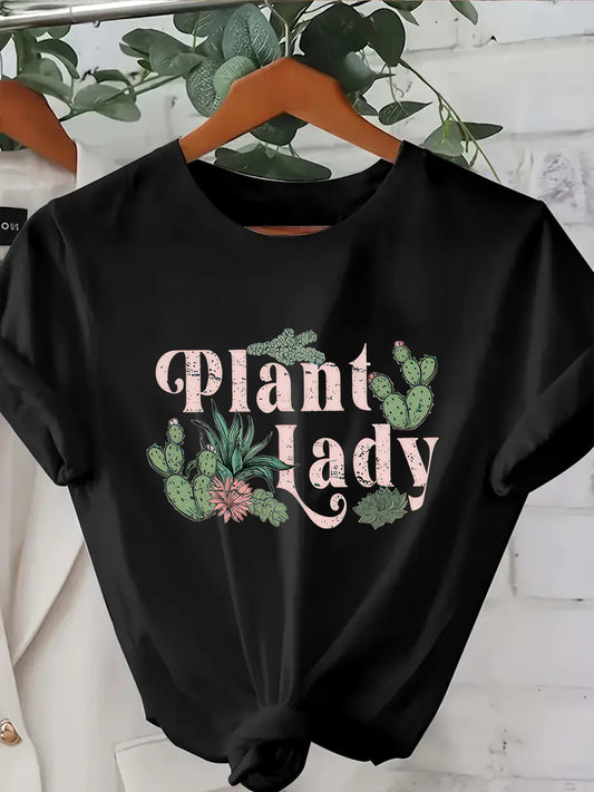 1pc Women's Plant Lady Applique T-Shirt Casual Crew Neck Tee