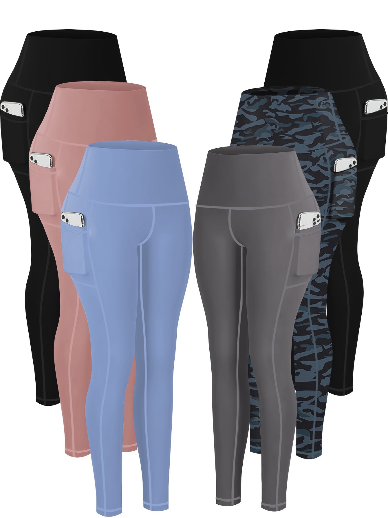 6pcs Plus Size High-Waist Yoga Leggings with Pockets - Tummy Control, Butt Lift