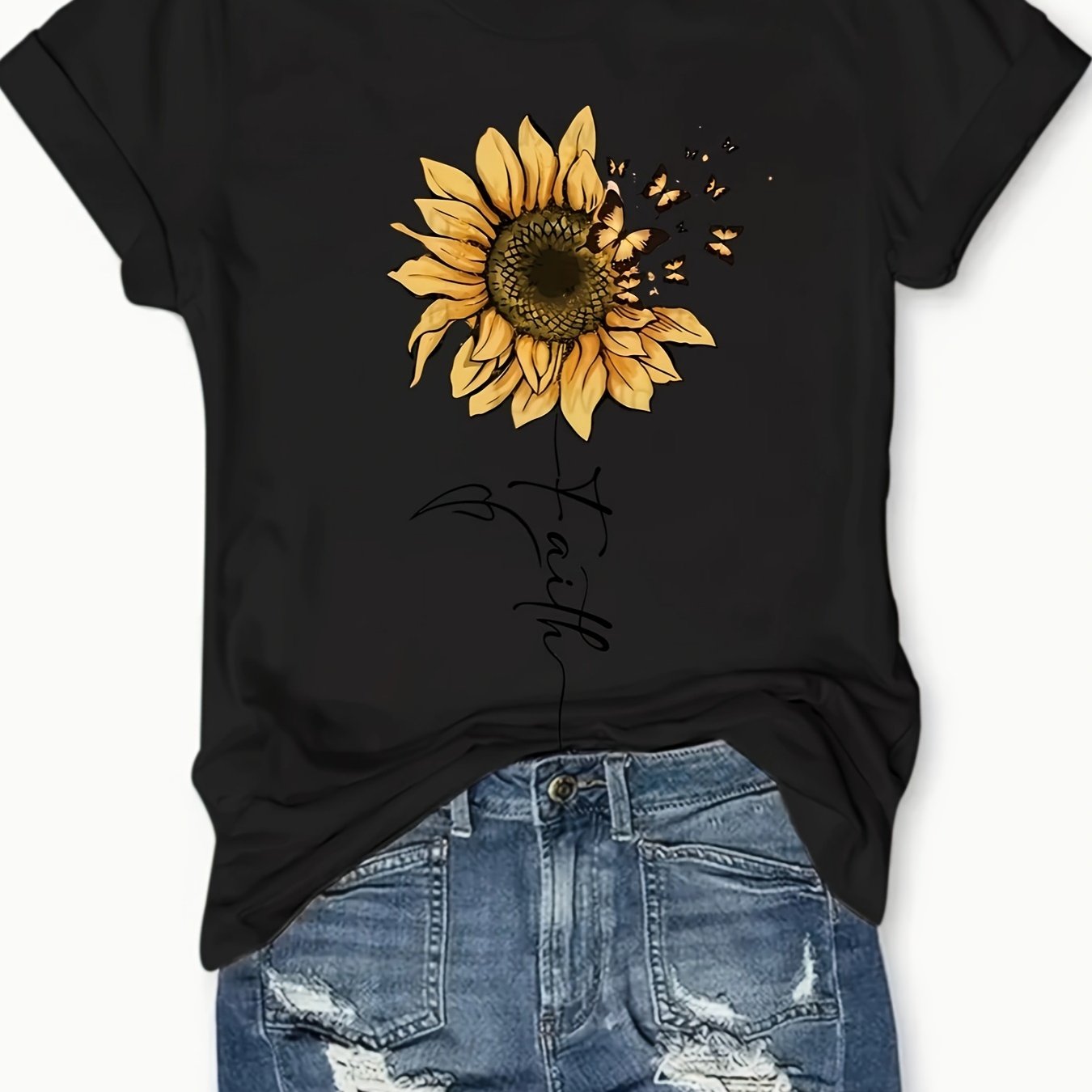 [Cheerful Touch] Women's Sunflower Butterfly T-Shirt Gray