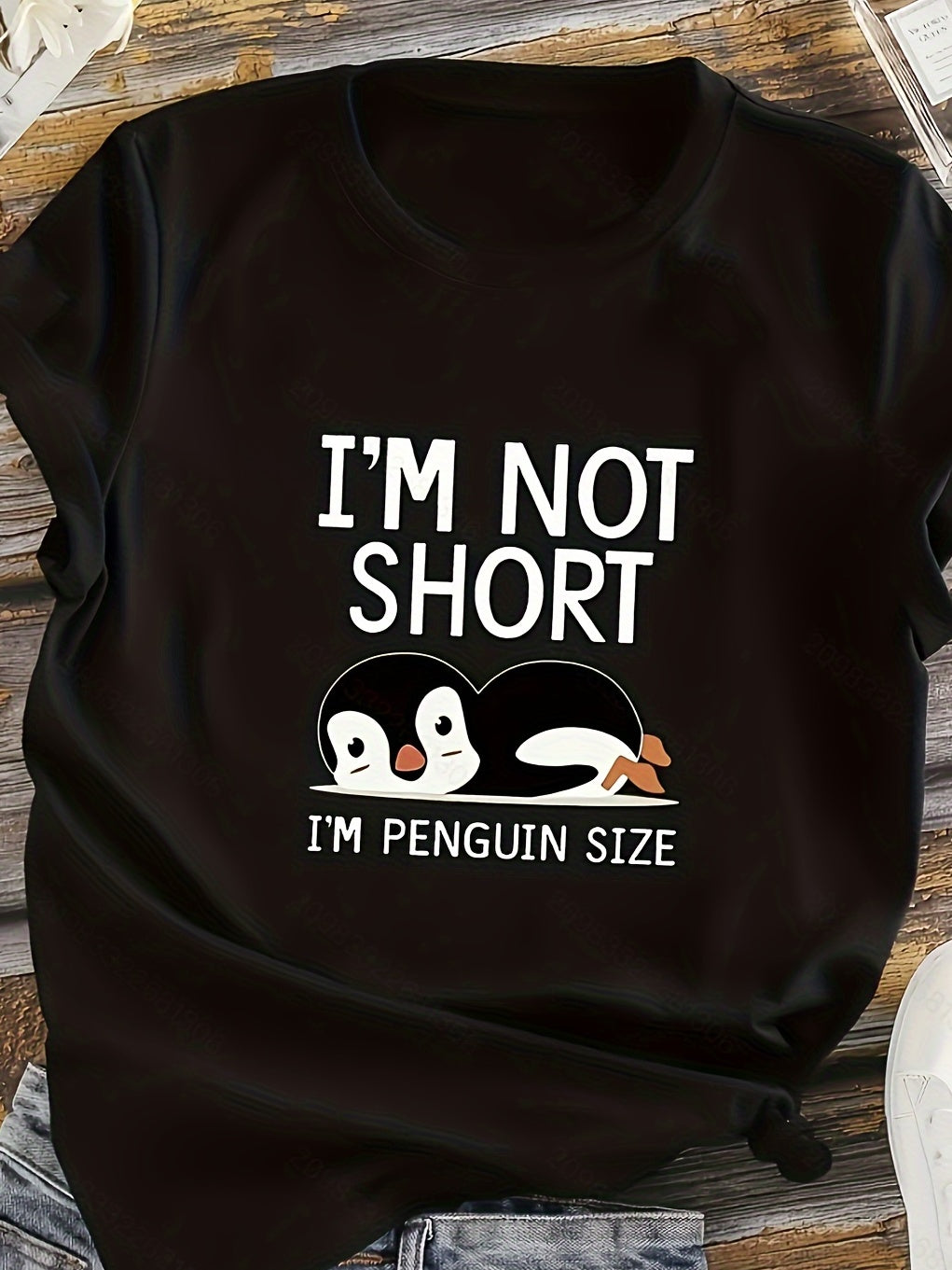 I'M NOT SHORT Print Crew Neck T-Shirt, Casual Short Sleeve T-Shirt For Spring & Summer, Women's Clothing