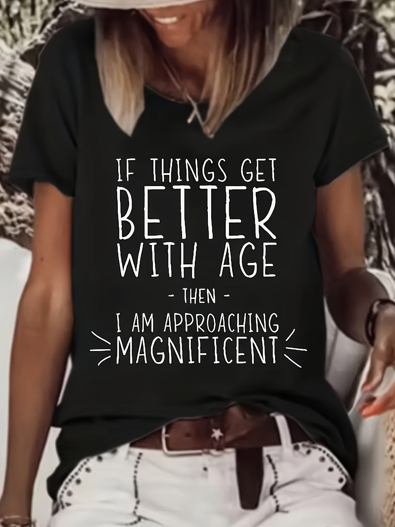 BETTER WITH AGE Print T-Shirt, Casual Short Sleeve Crew Neck T-Shirt For Spring & Summer, Women's Clothing