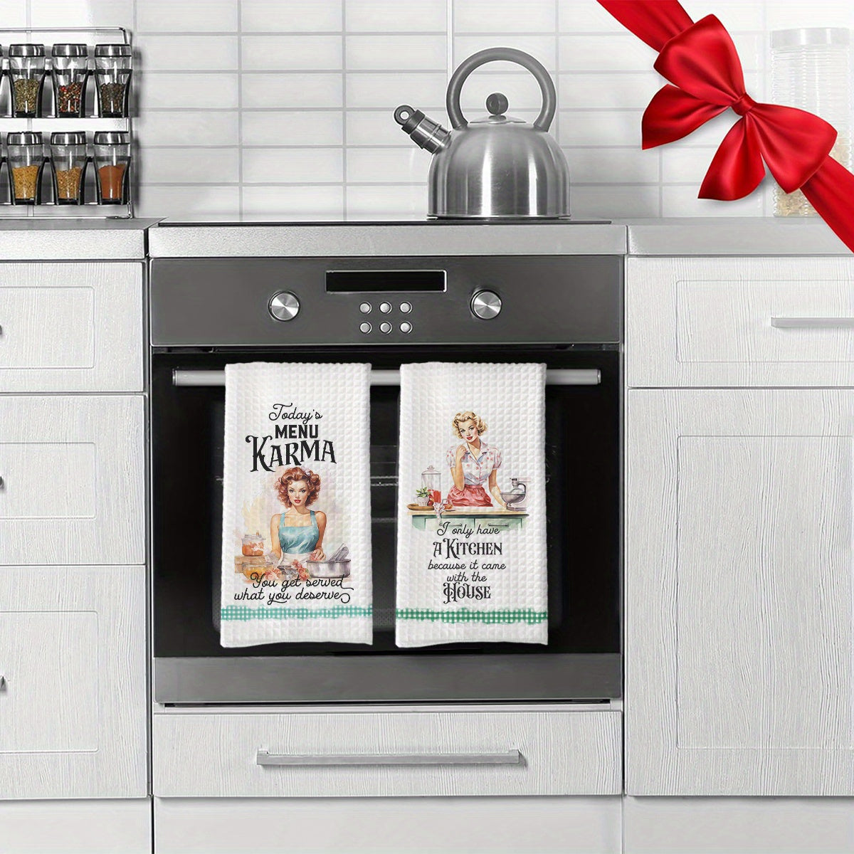 2 Pack Funny Retro Woman Kitchen Towels Absorbent Soft Tea Towel Set Quick Drying Dish Cloths Kitchen Themed Decoration Cleaning Supplies