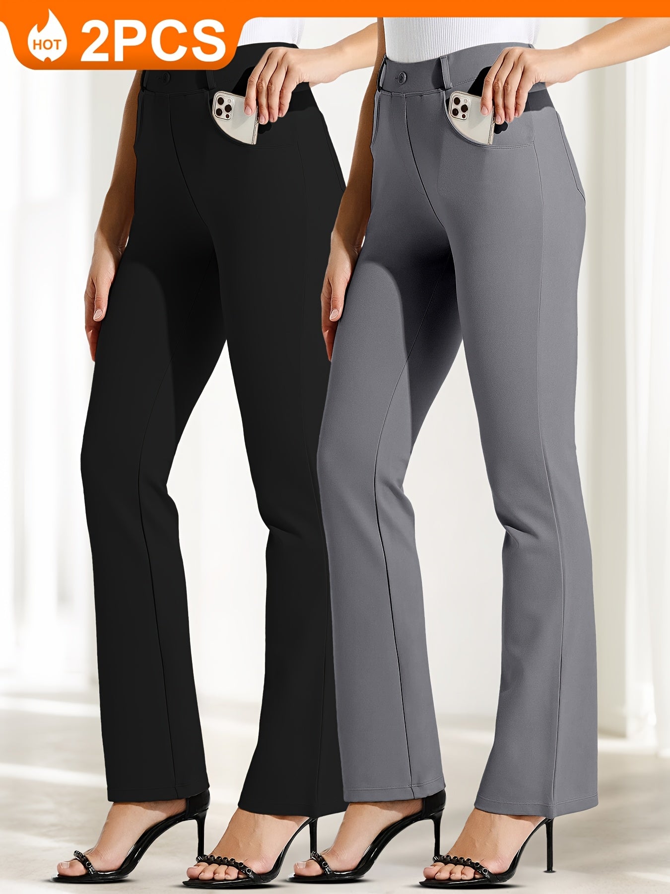 2pcs Yoga Dress Pants With 4 Pockets For Women Wide Leg Pants High Waist Workout Pants Tummy Control