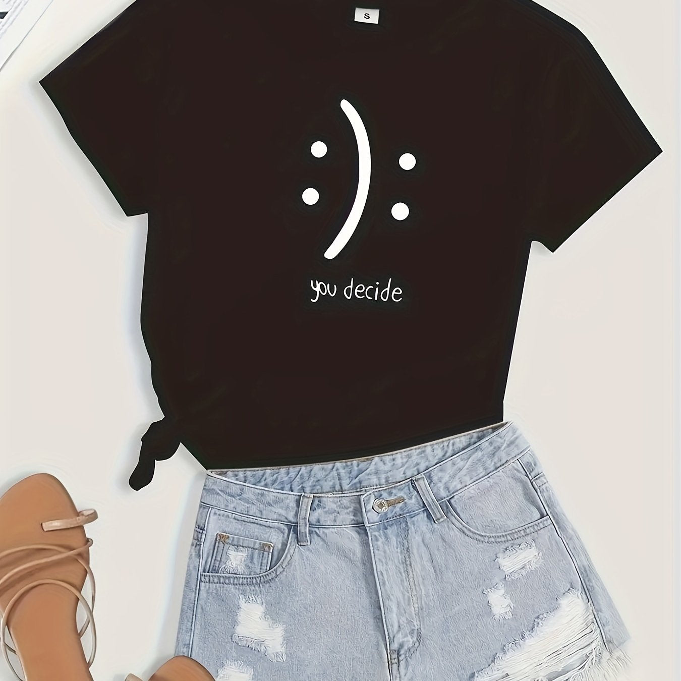 You Decide Print Crew Neck T-Shirt, Casual Short Sleeve T-Shirt For Spring & Summer, Women's Clothing