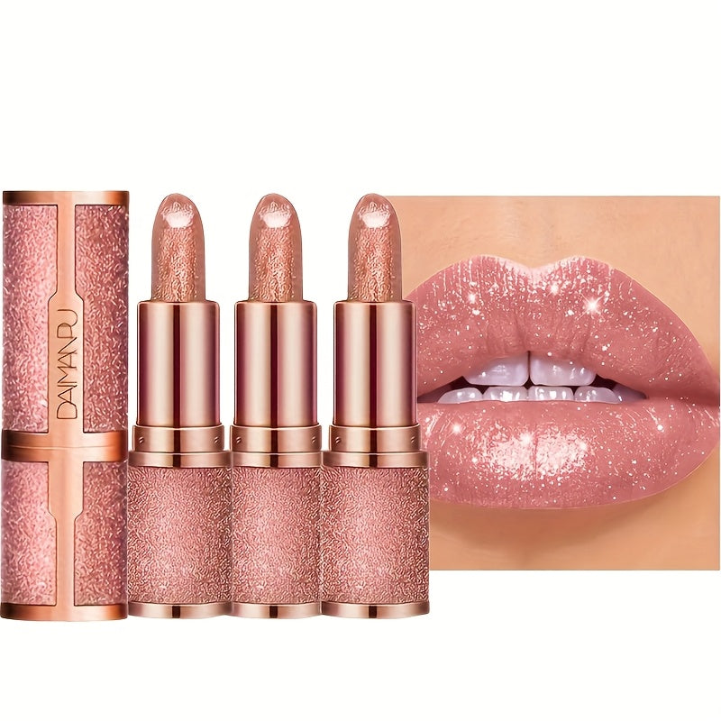 3 Pcs Set Glitter Lipstick Sparkling Lip Balm Starry Shimmer Moisturizing Lip Balm Long Lasting Lip Makeup Beauty Cosmetic for Lustrous Radiant Lips