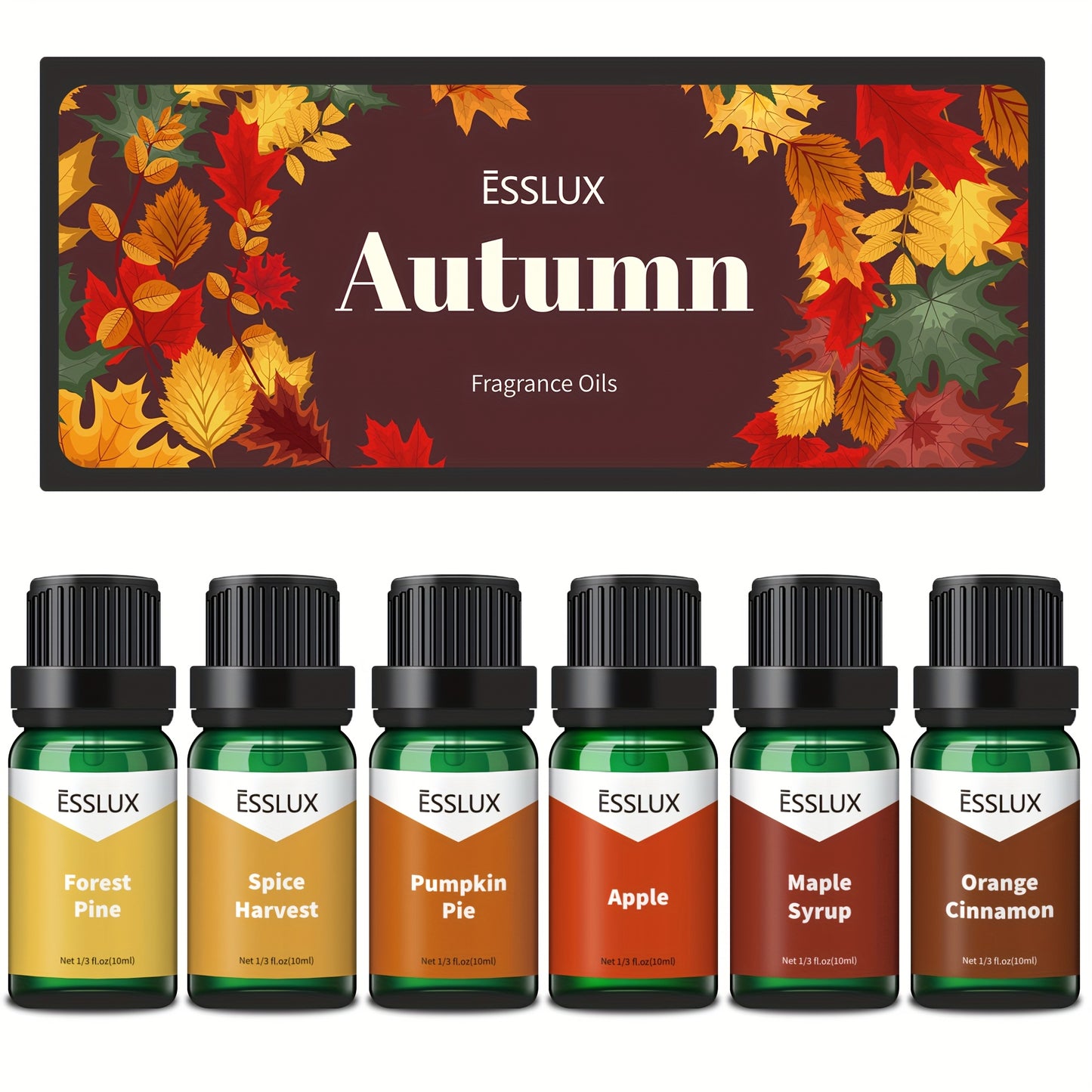 6x0.34oz Autumn Fragrance Oil Set ESSLUX Fall Scented Oils for Candle Making Diffuser Laundry Dryer Ball Aromatherapy Gift Set Forest Pine Orange Cinnamon Pumpkin Pie Maple Syrup