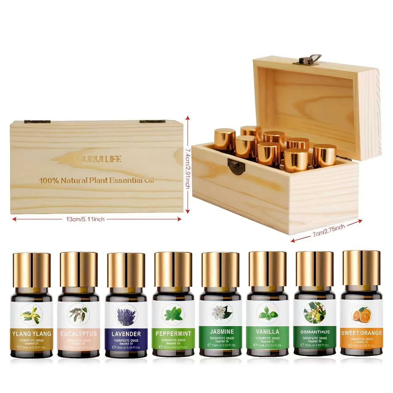 Essential Oil Set 8 Bottles 0.34oz Wooden Box Lavender Mint Vanilla Sweet Orange Jasmine Eucalyptus Ylang Ylang Osmanthus