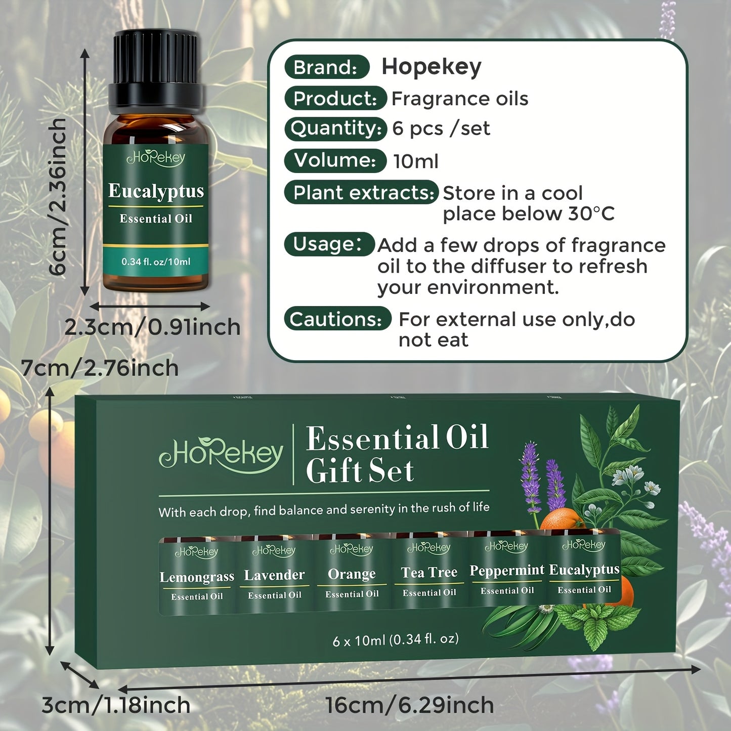 Glass Bottle Essential Oil Gift Box with Eucalyptus Mint Tea Tree Orange Lemongrass Lavender High-End Essential Oil Set for Home Deodorant Diffuser Humidifier Candle and Hair Care