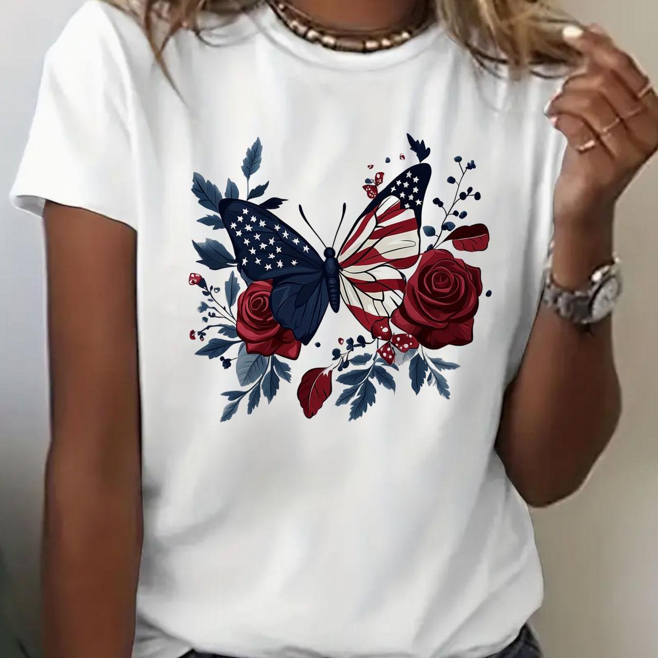 Womens Crew Neck Fashionable Heart Print T-Shirt - Casual Top