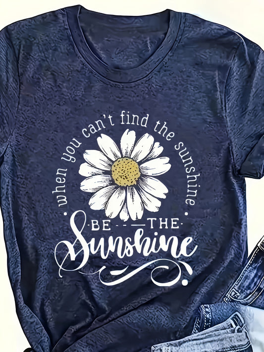 Women's Casual Daisy Flower Graphic Tee - Navy Blue Top