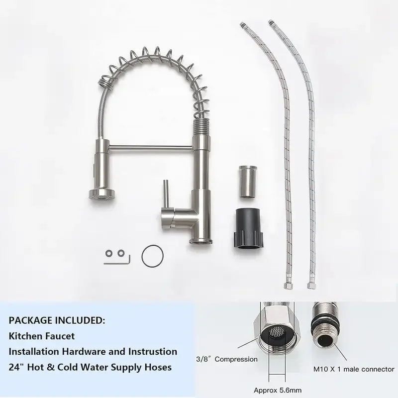 Commercial Brushed Nickel Kitchen Faucet with Pull Down Sprayer Modern Stainless Steel Single Handle Spring Kitchen Faucet