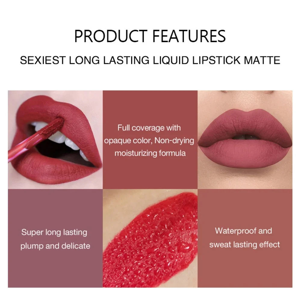 Sexy Long Lasting Velvet Matte Lip Gloss Liquid Lipstick for Women Red Waterproof Nonstick Cup Lip Makeup