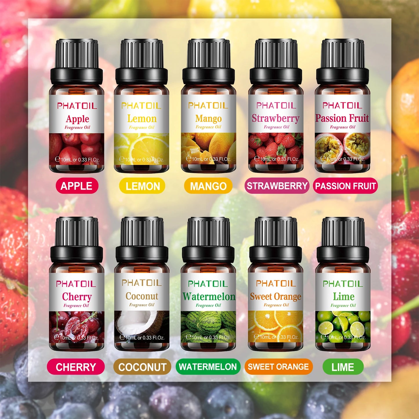 Phatoil 10pcs Gift Box Fruit Fragrance Essential Oils Lime Mango Coconut Cherry Passion Fruit Orange Strawberry Lemon Apple Oil