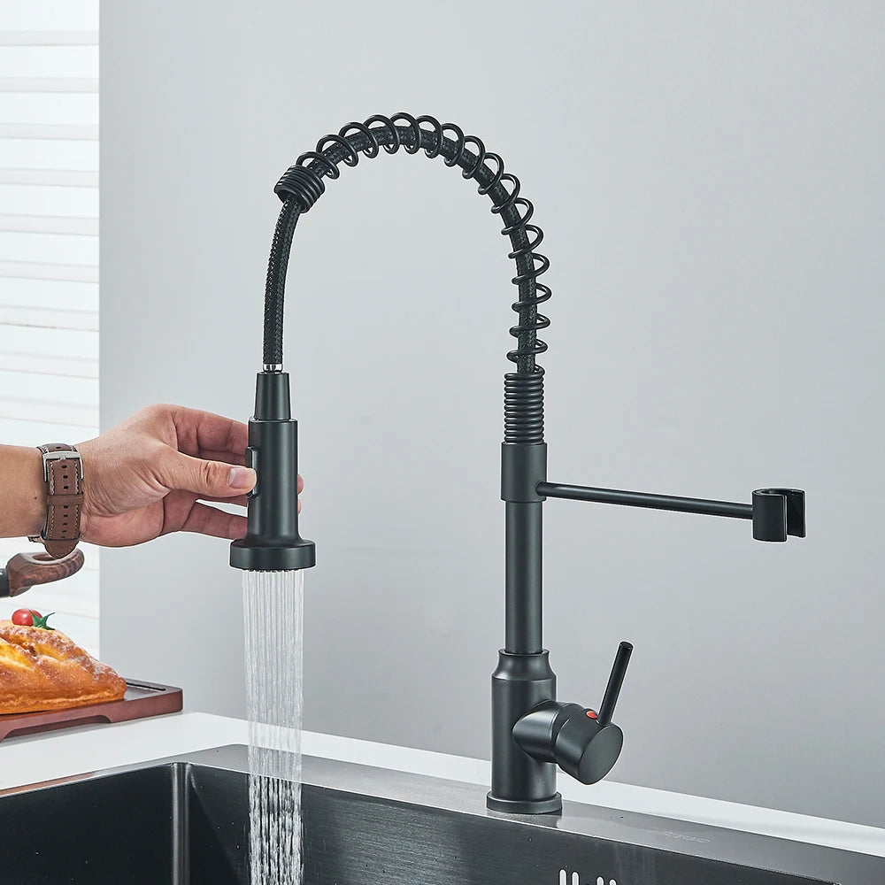 Matte Black Kitchen Sink Faucet One Handle Spring Hot and Cold Water Tap Deck Mounted Bathroom Chrome Crane