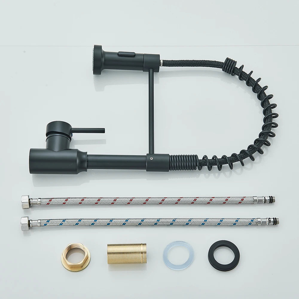 Matte Black Kitchen Sink Faucet One Handle Spring Hot and Cold Water Tap Deck Mounted Bathroom Chrome Crane