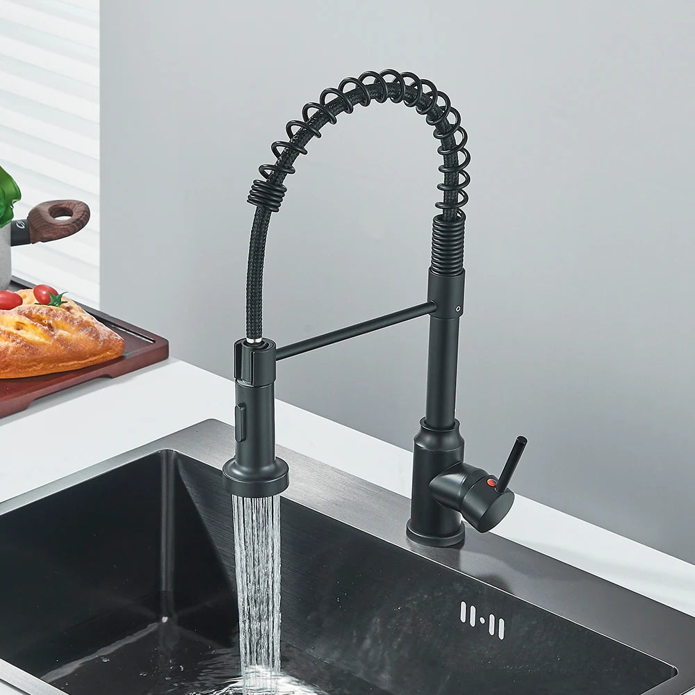 Matte Black Kitchen Sink Faucet One Handle Spring Hot and Cold Water Tap Deck Mounted Bathroom Chrome Crane