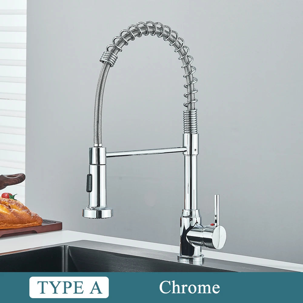 Matte Black Kitchen Sink Faucet One Handle Spring Hot and Cold Water Tap Deck Mounted Bathroom Chrome Crane