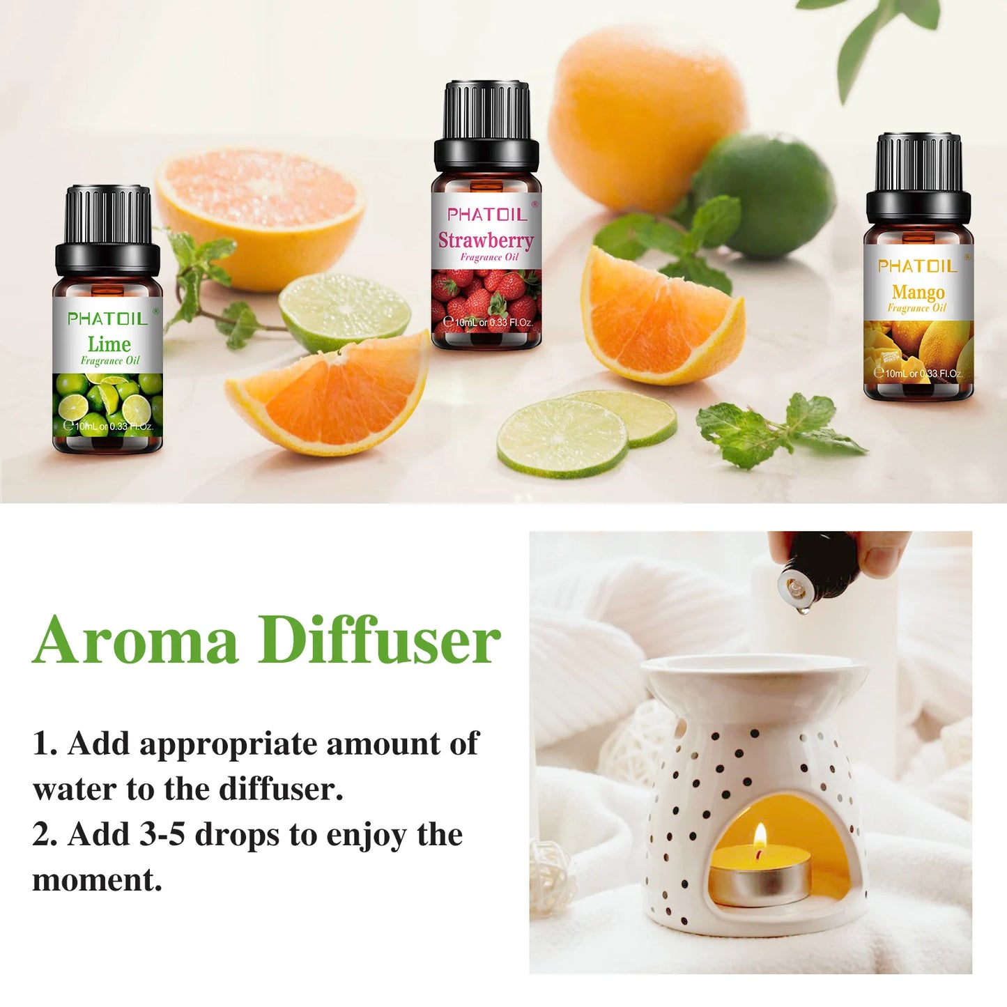 Phatoil 10pcs Gift Box Fruit Fragrance Essential Oils Lime Mango Coconut Cherry Passion Fruit Orange Strawberry Lemon Apple Oil