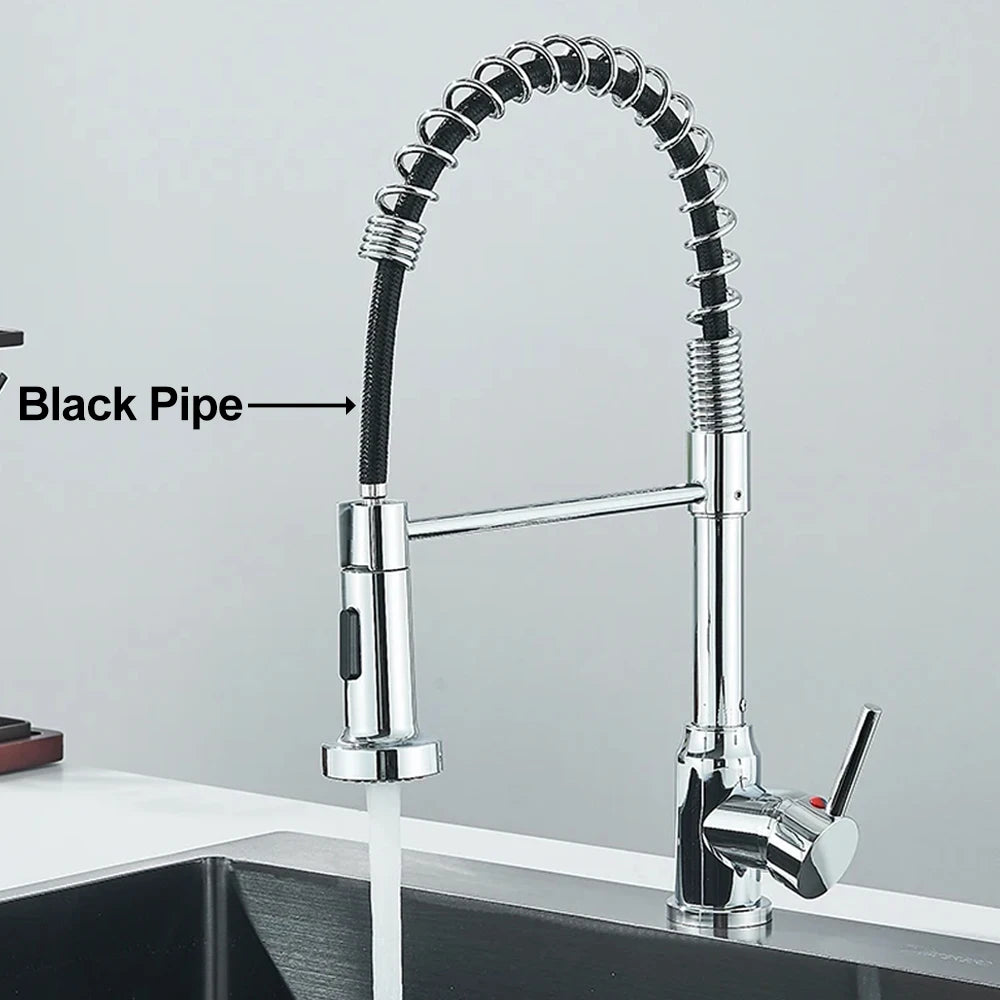 Matte Black Kitchen Sink Faucet One Handle Spring Hot and Cold Water Tap Deck Mounted Bathroom Chrome Crane