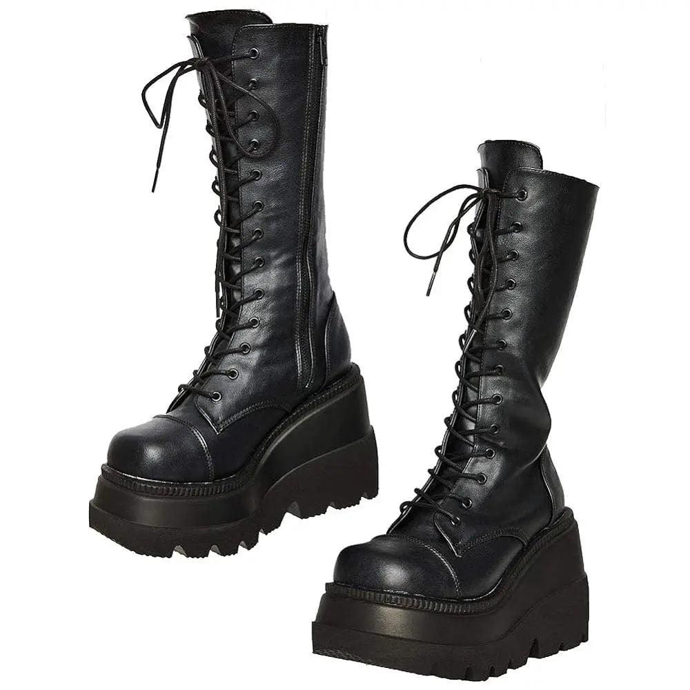 DoraTasia Black Gothic Fashion Round Toe Side Zipper Lace Up Women's Mid Calf Boots New INS Christmas Street Party Shoes Woman