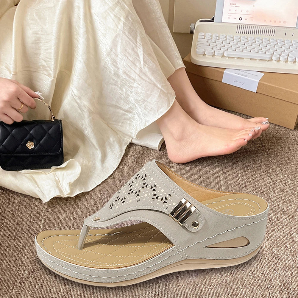 Women Orthopedic Casual Wedge Sandals Breathable Thick Sole Beach Shoes Comfortable Clip Toe Sandals for Outdoor Travel
