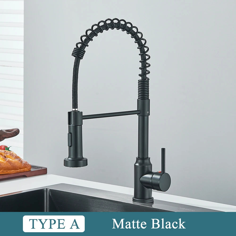 Matte Black Kitchen Sink Faucet One Handle Spring Hot and Cold Water Tap Deck Mounted Bathroom Chrome Crane