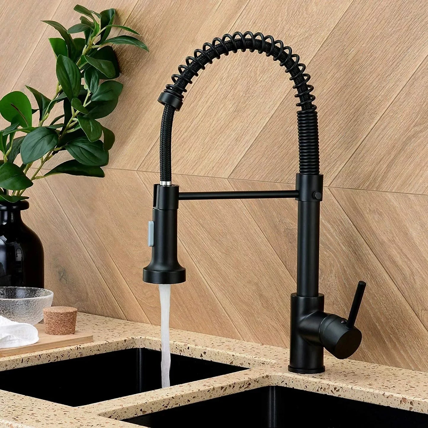 Matte Black Kitchen Sink Faucet One Handle Spring Hot and Cold Water Tap Deck Mounted Bathroom Chrome Crane