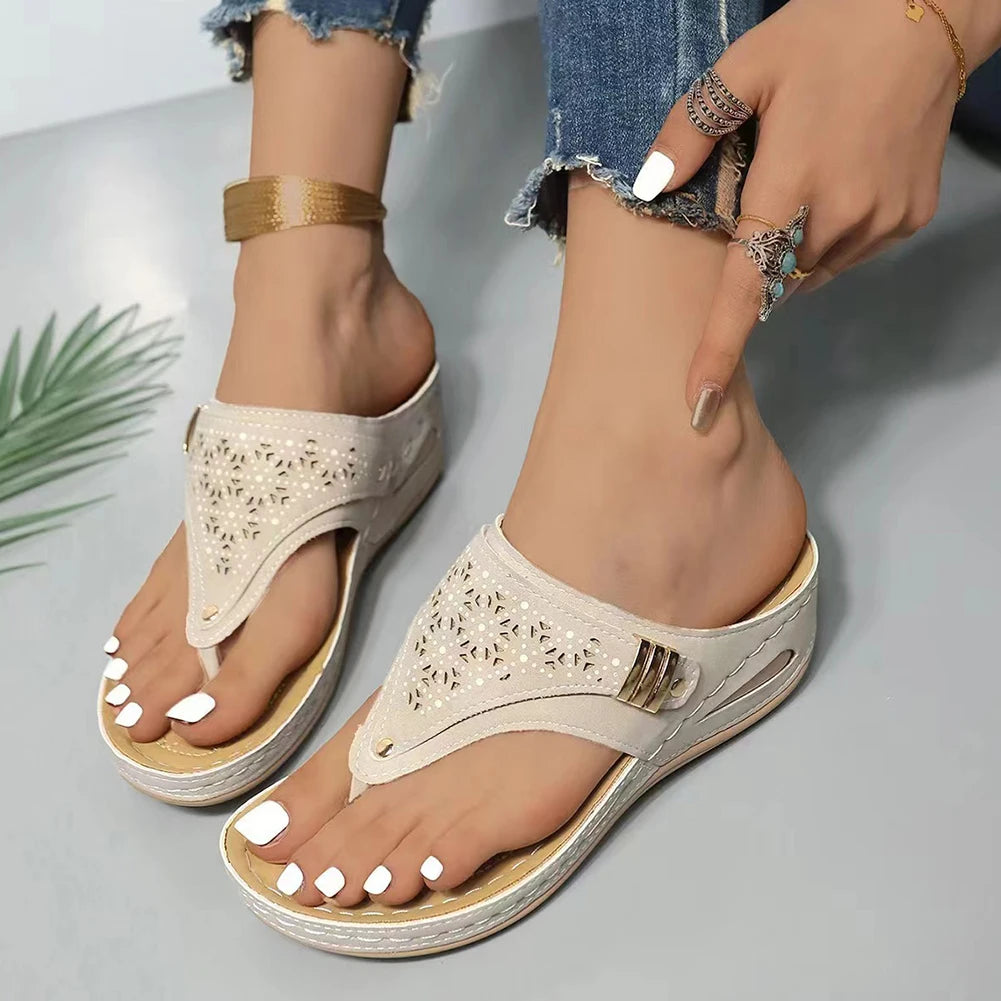 Women Orthopedic Casual Wedge Sandals Breathable Thick Sole Beach Shoes Comfortable Clip Toe Sandals for Outdoor Travel