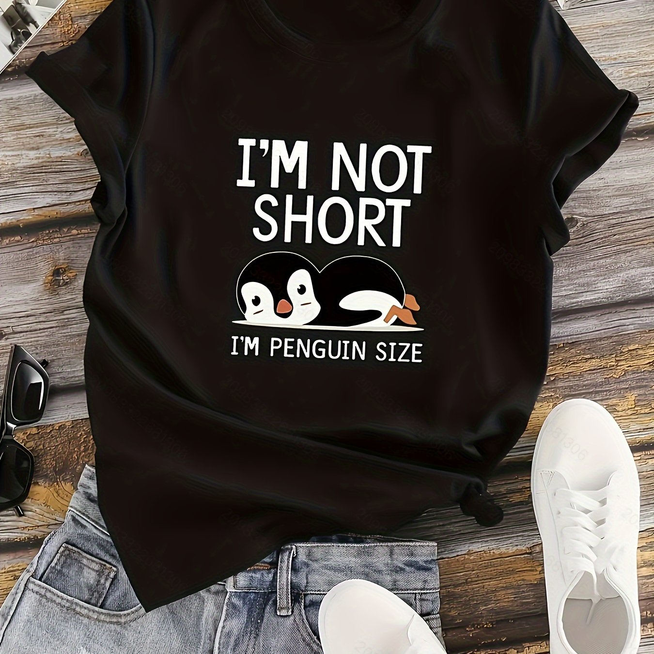 I'M NOT SHORT Print Crew Neck T-Shirt, Casual Short Sleeve T-Shirt For Spring & Summer, Women's Clothing
